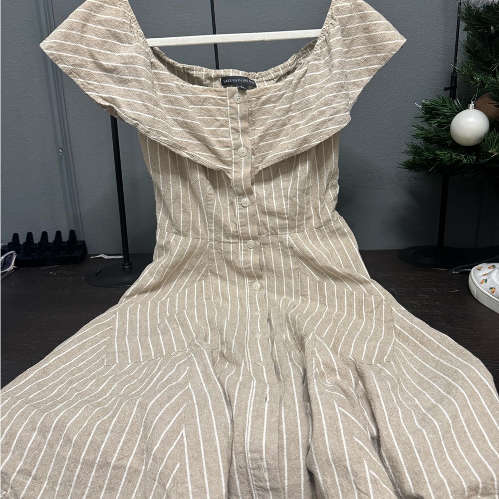 Saks Fifth Avenue Beige Striped Midi Dress